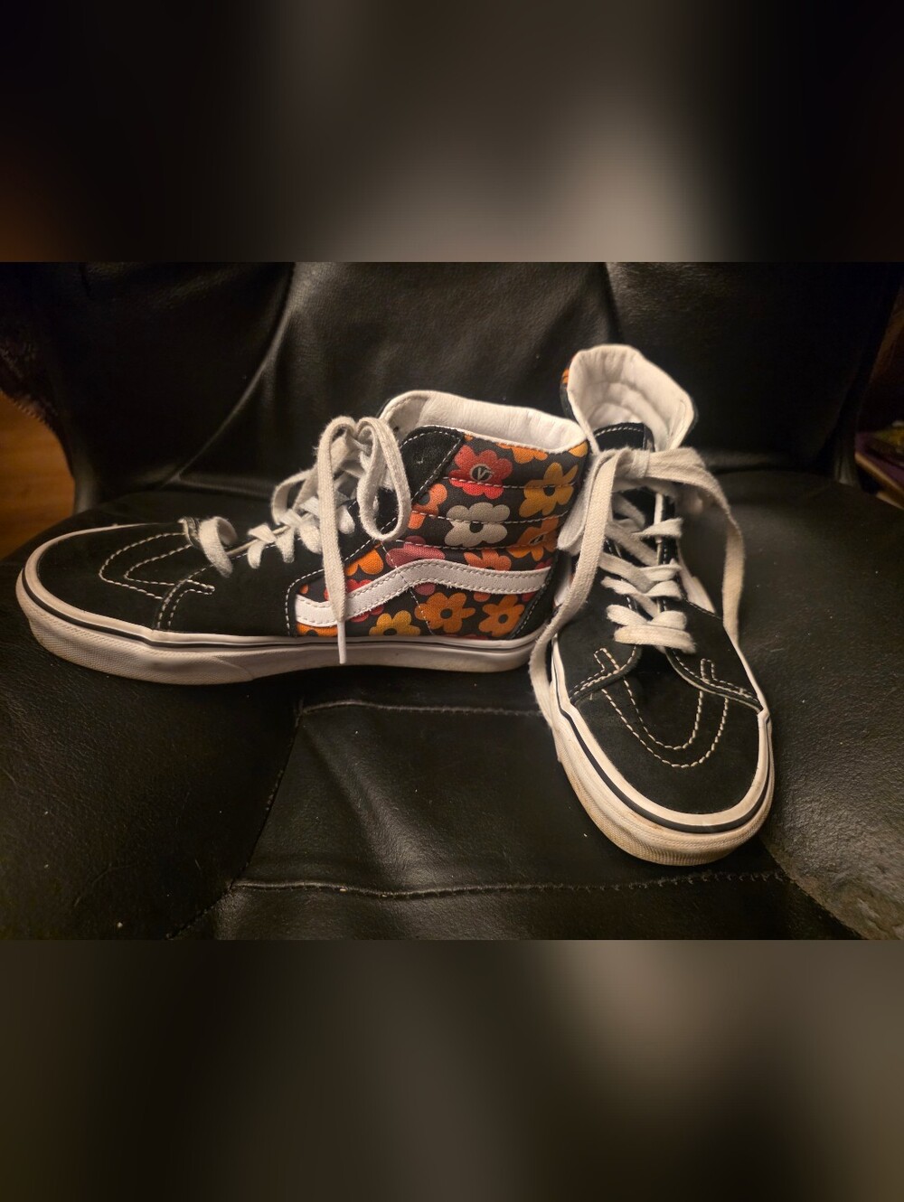 Vans Ladies Size 6 Black High-Top Sneakers with Orange & Yellow Floral Panels